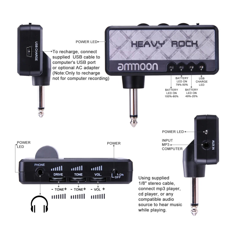 Ammoon Classic Rock Electric Guitar Headphone Amplifier Effect