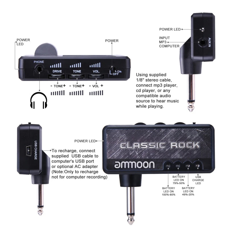 Ammoon Classic Rock Electric Guitar Headphone Amplifier Effect