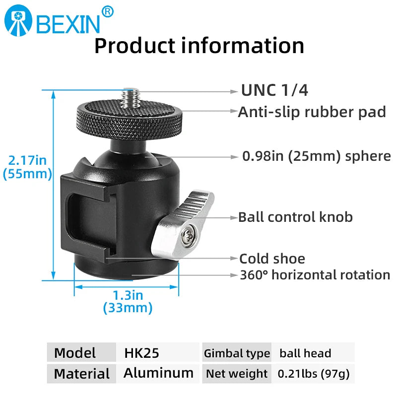 BEXIN K19 Mini Cold Shoe Ball Head Dual Use 1/4 Screw Cold Shoe Aluminum Alloy for Camera Phone Speedlite Tripod Selfie Stick