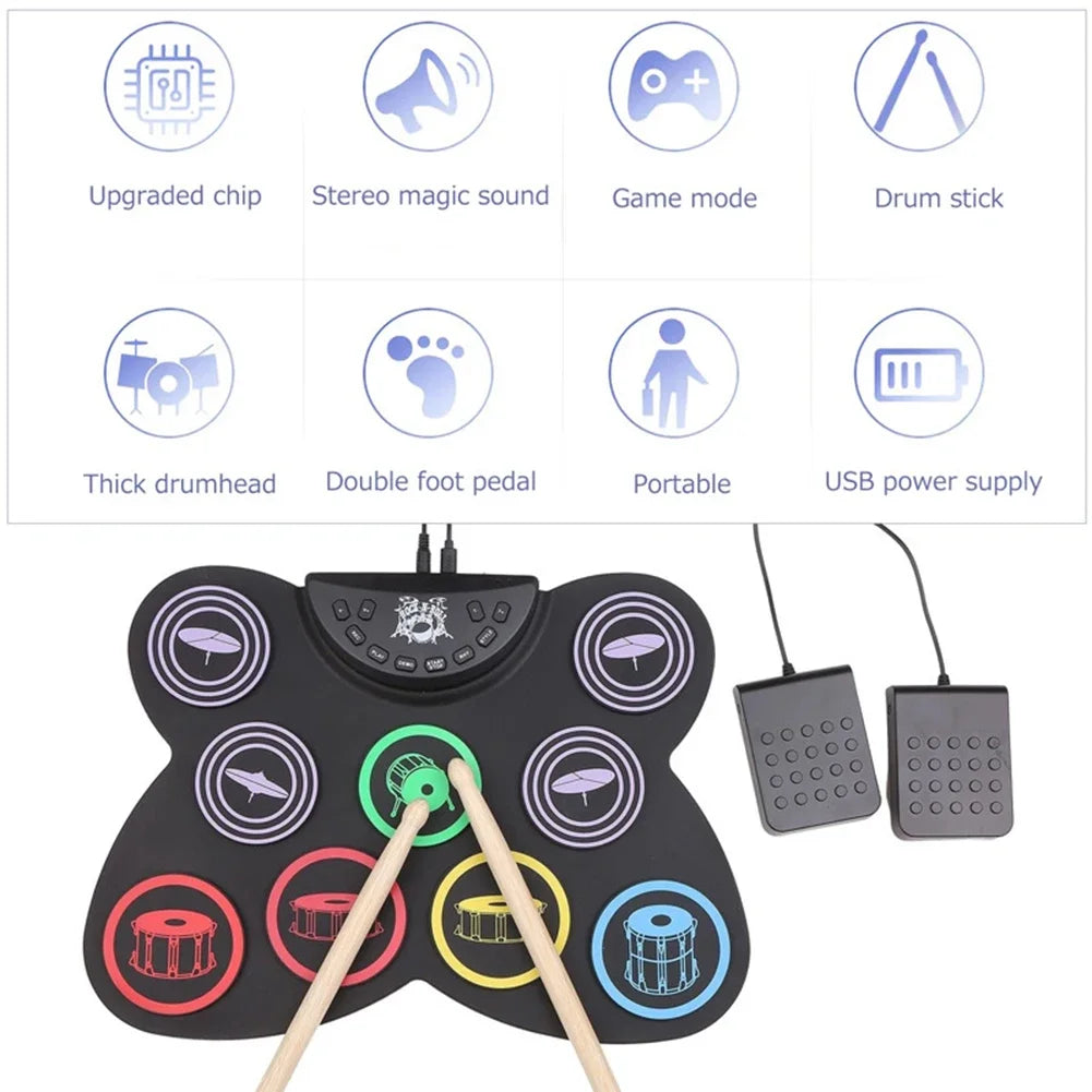 Digital Electronic Drum Compact Size Usb Foldable Silicon Drums Set 9