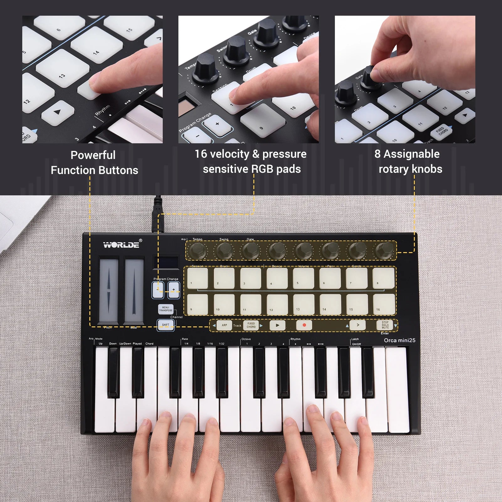 Worlde Panda Mini 25-Key Usb Midi Keyboard Controller Piano & 8 Rgb