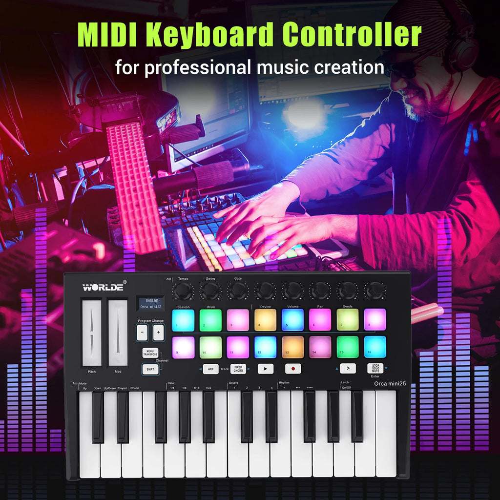 Worlde Panda Mini 25-Key Usb Midi Keyboard Controller Piano & 8 Rgb