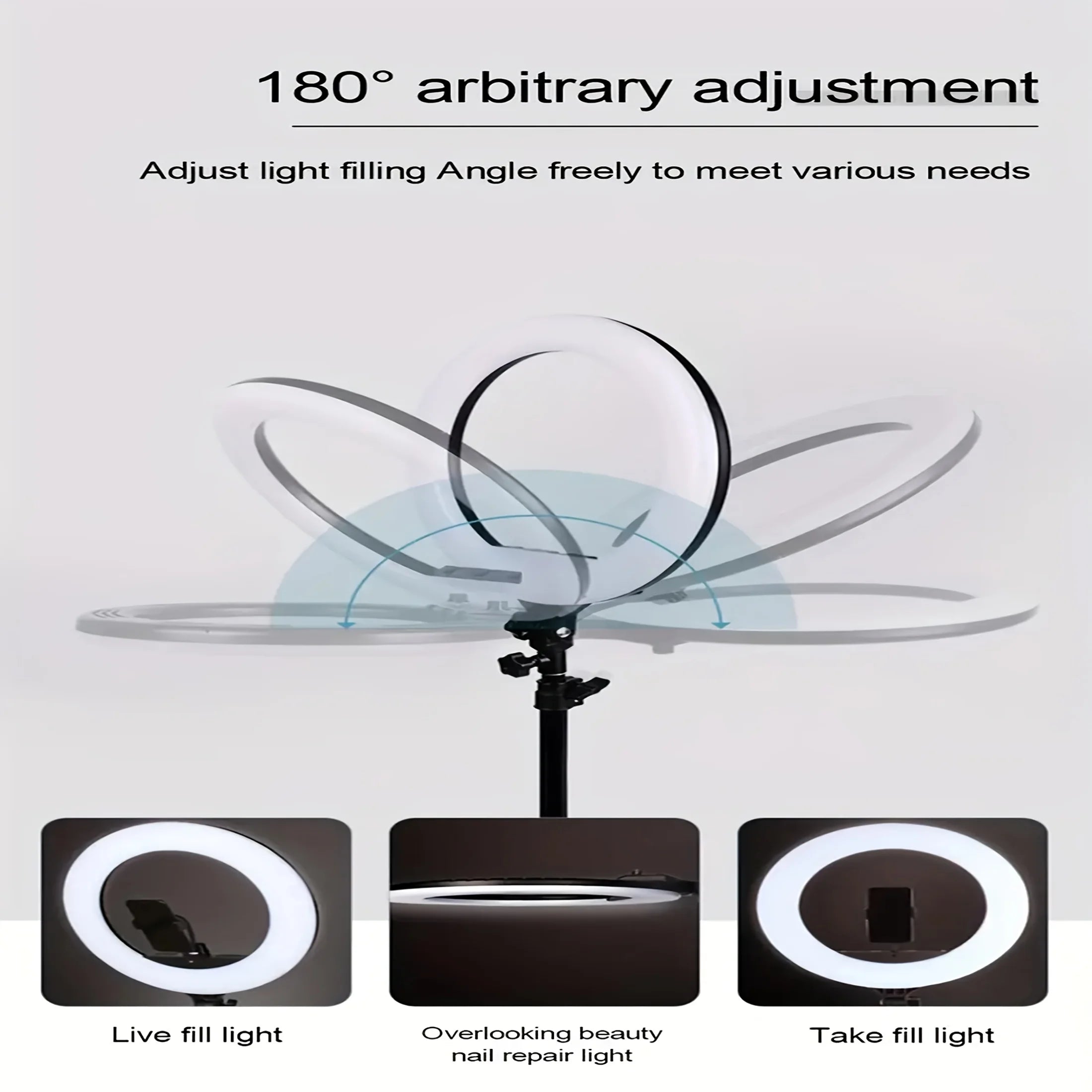 10-inch ring fill light + overhead rack mount, dimmable LED ring light