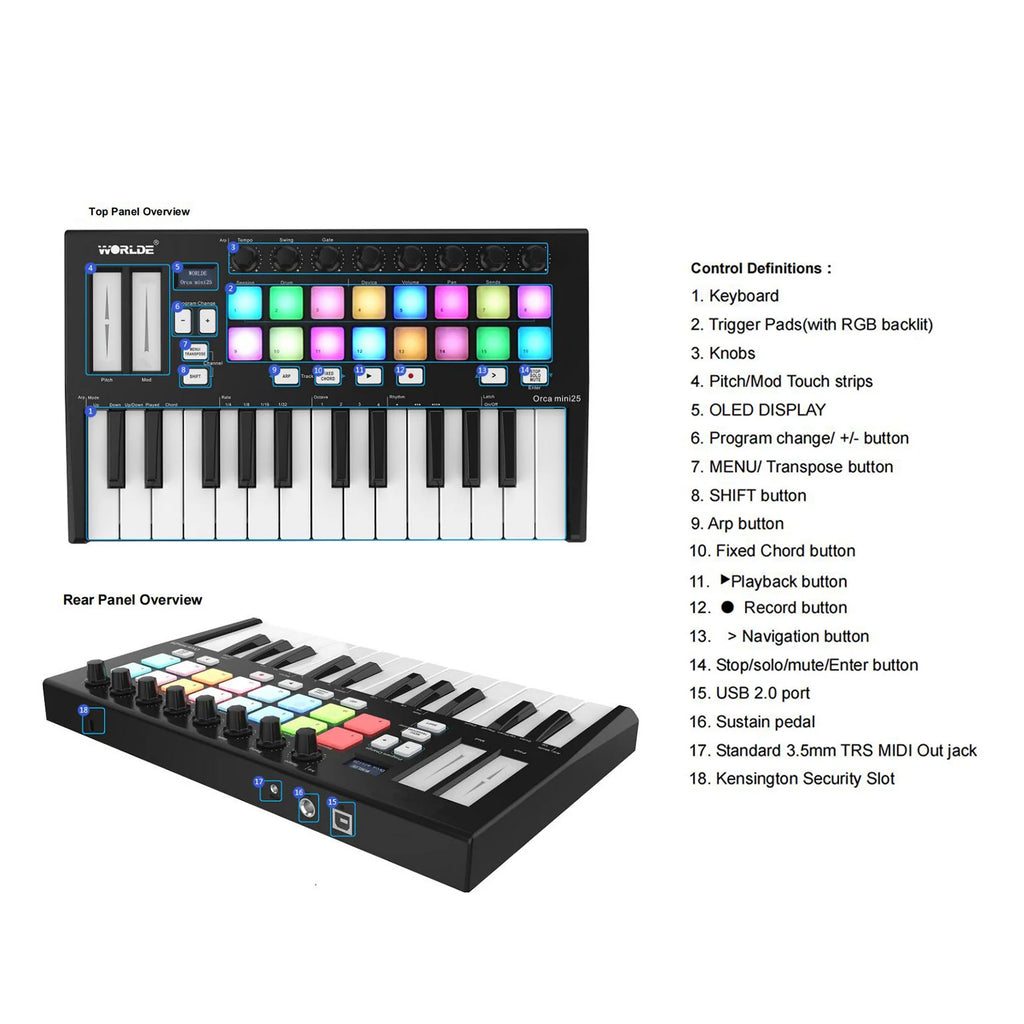 Worlde Panda Mini 25-Key Usb Midi Keyboard Controller Piano & 8 Rgb