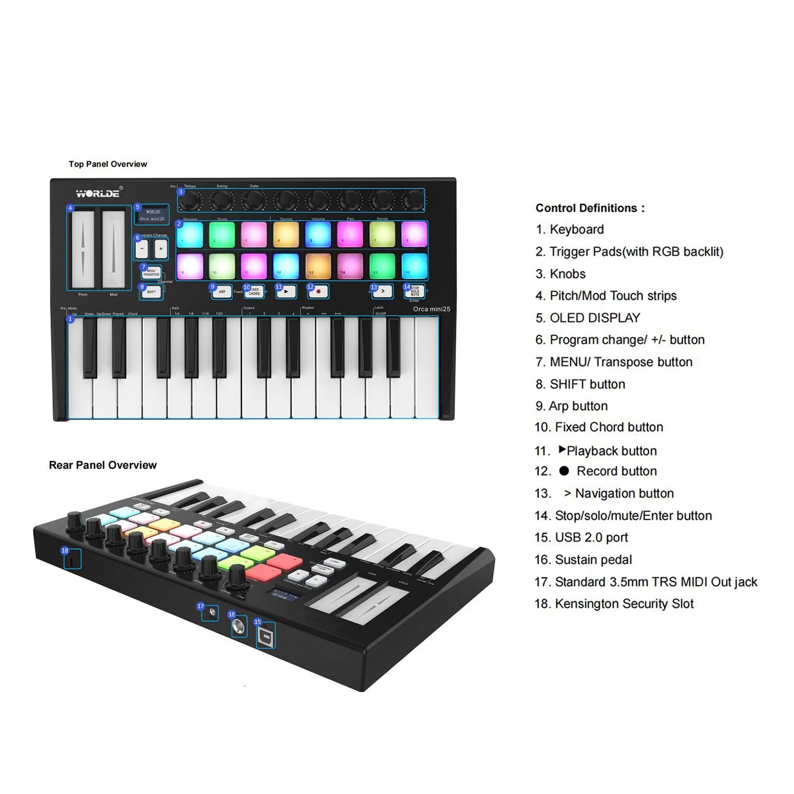 Worlde Panda Mini 25-Key Usb Midi Keyboard Controller Piano & 8 Rgb