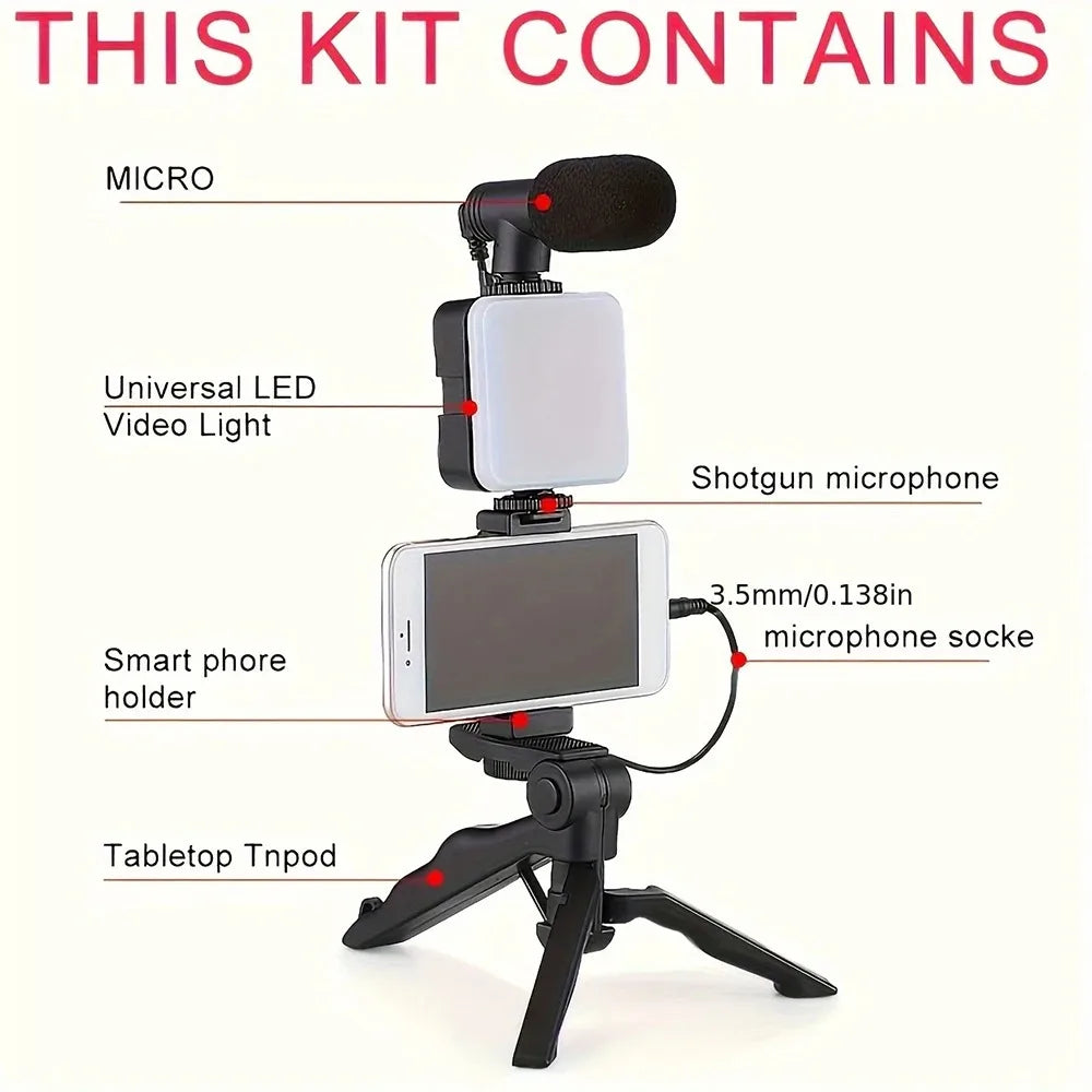 STTKGZD Smartphone Vlogging Kit With Tripod Phone Holder Mini Microphone Fill Light Starter Handle Portable Stabilizer Bracket