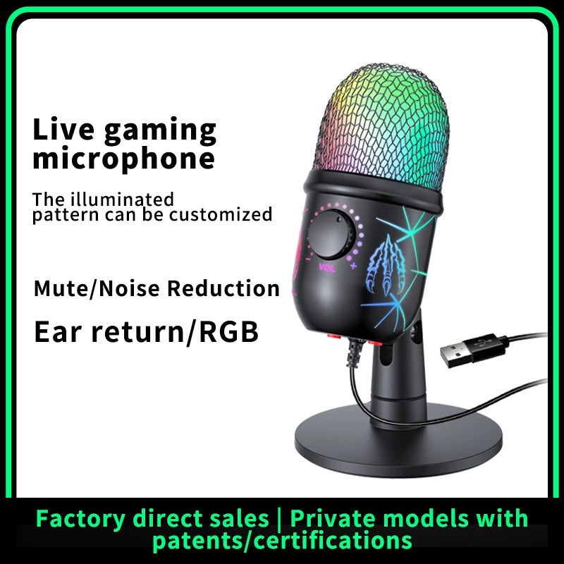 Gaming Microphone USB Microphone for PC Condenser Podcast Mic for Studio Recording with Headphone Jack, Led, Noise Cancellation