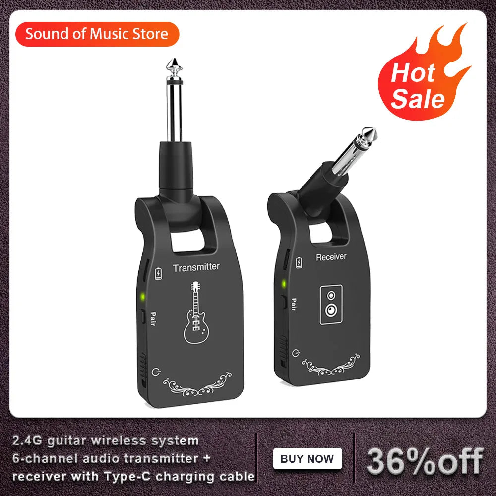 Ammoon 2.4G Wireless Guitar Transmitter Receiver System Rechargeable