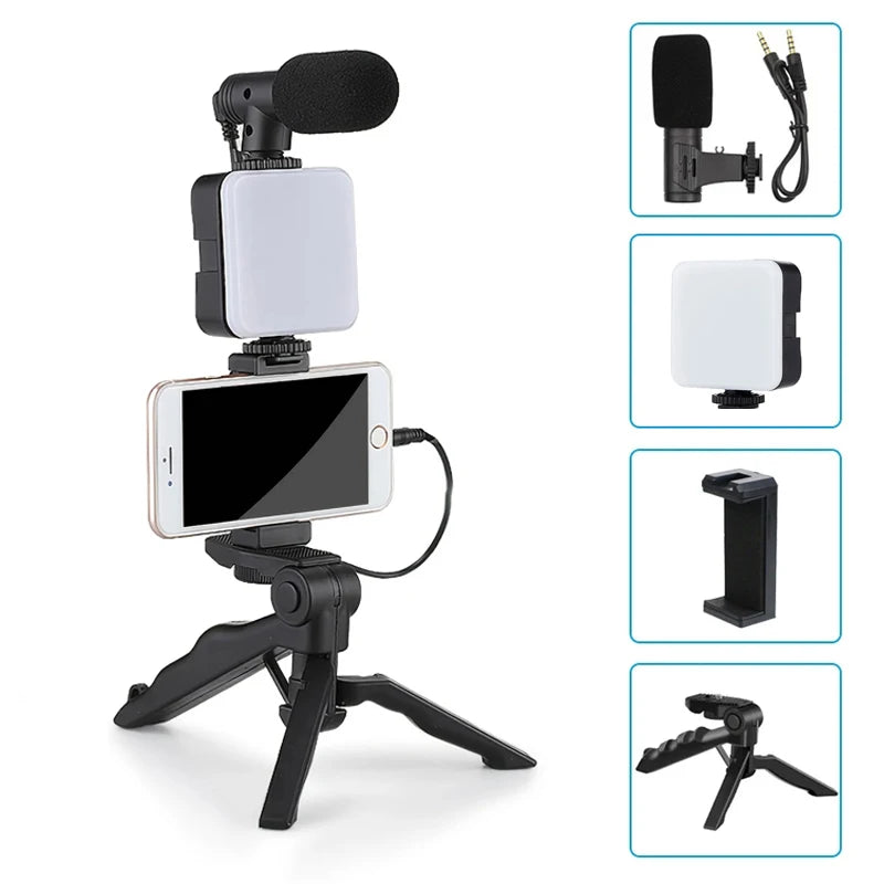 STTKGZD Smartphone Vlogging Kit With Tripod Phone Holder Mini Microphone Fill Light Starter Handle Portable Stabilizer Bracket