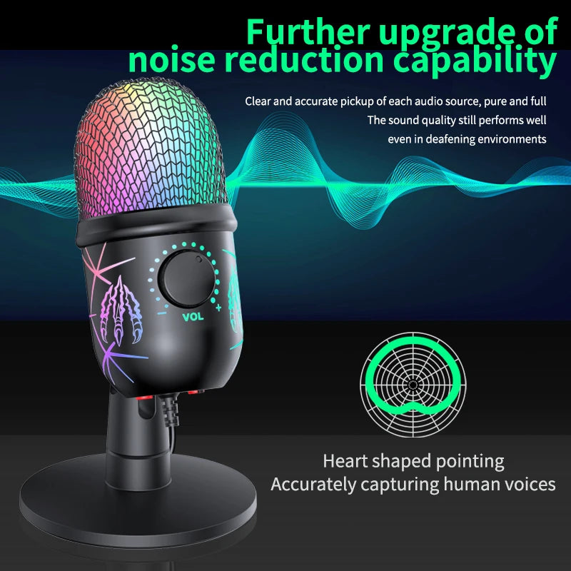 Gaming Microphone USB Microphone for PC Condenser Podcast Mic for Studio Recording with Headphone Jack, Led, Noise Cancellation