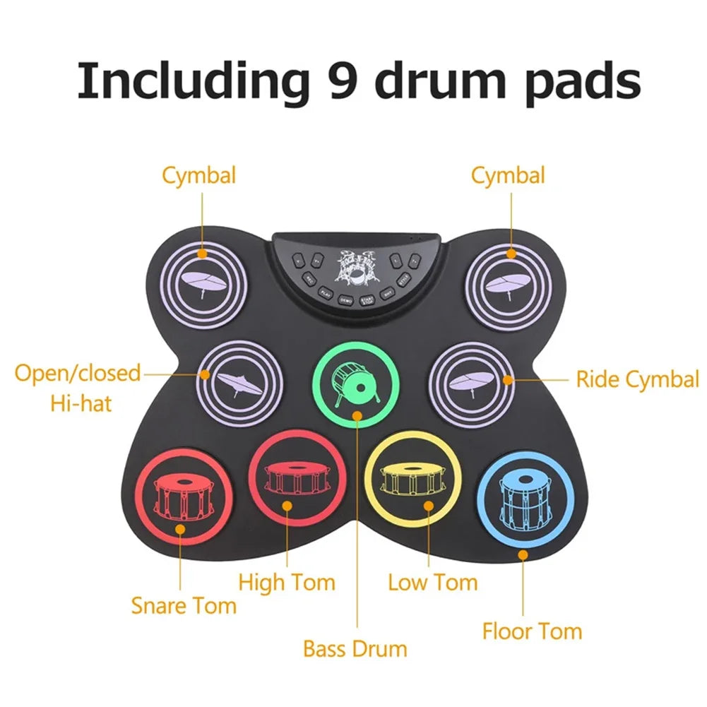 Digital Electronic Drum Compact Size Usb Foldable Silicon Drums Set 9