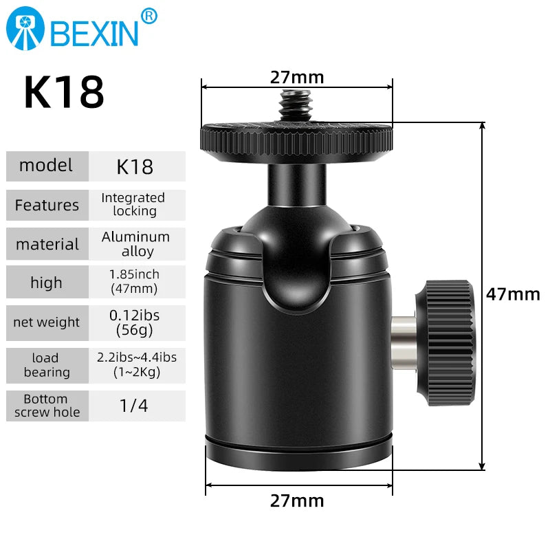 BEXIN K19 Mini Cold Shoe Ball Head Dual Use 1/4 Screw Cold Shoe Aluminum Alloy for Camera Phone Speedlite Tripod Selfie Stick