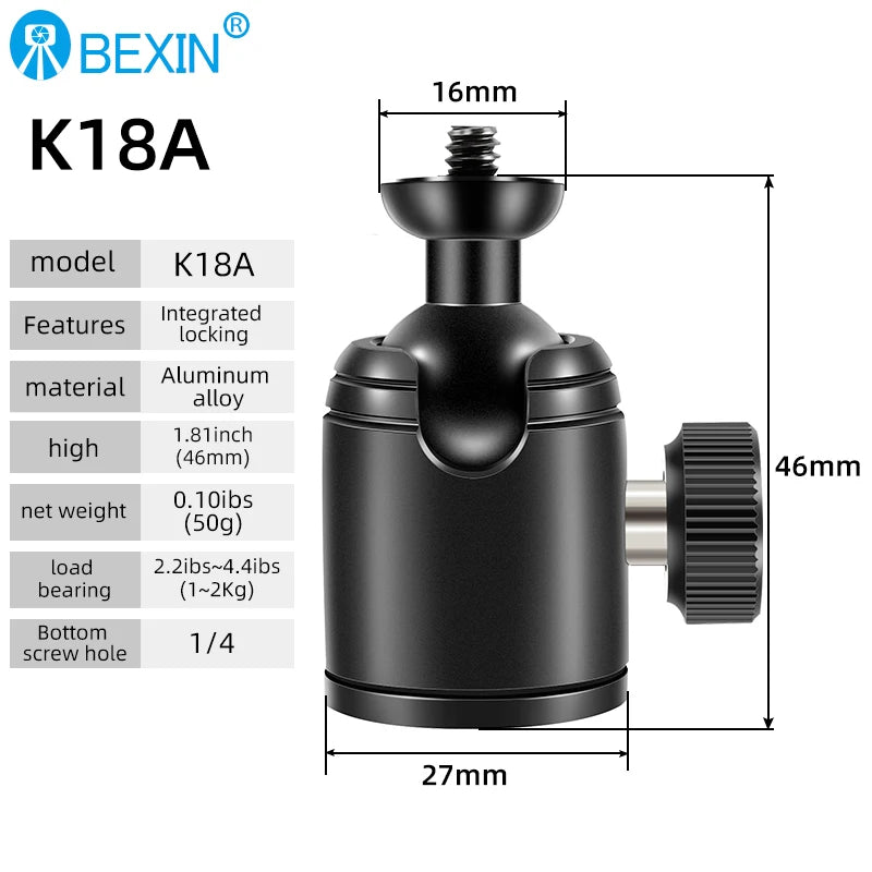 BEXIN K19 Mini Cold Shoe Ball Head Dual Use 1/4 Screw Cold Shoe Aluminum Alloy for Camera Phone Speedlite Tripod Selfie Stick